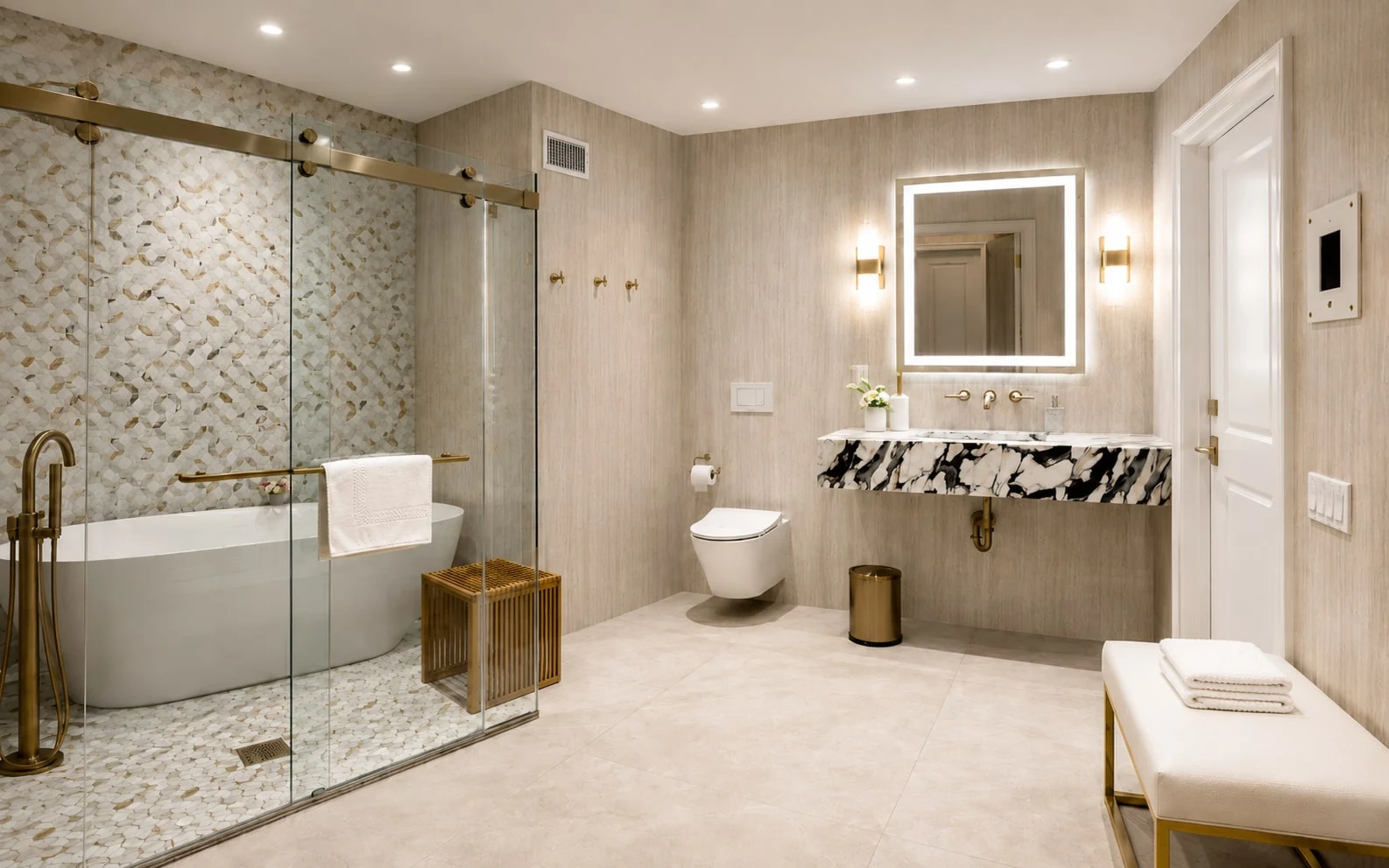 A private preparation room, with soaking tub, shower and vanity
