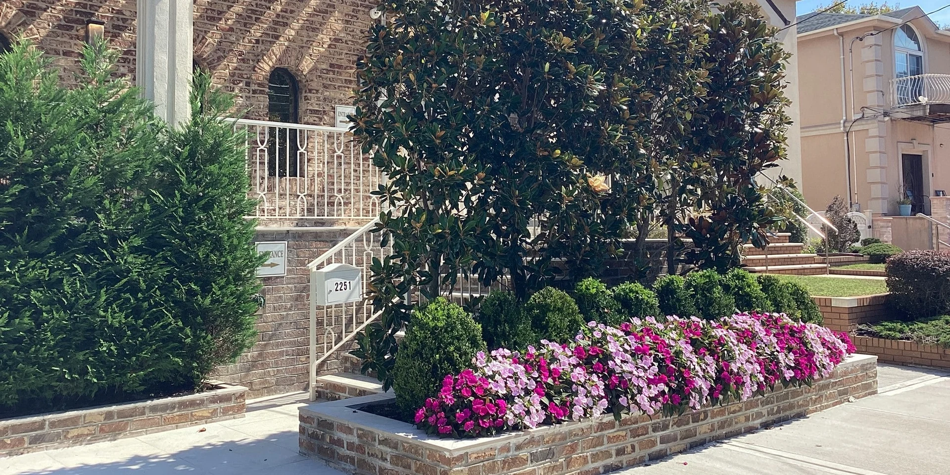The entrance steps, banked with flowering beds