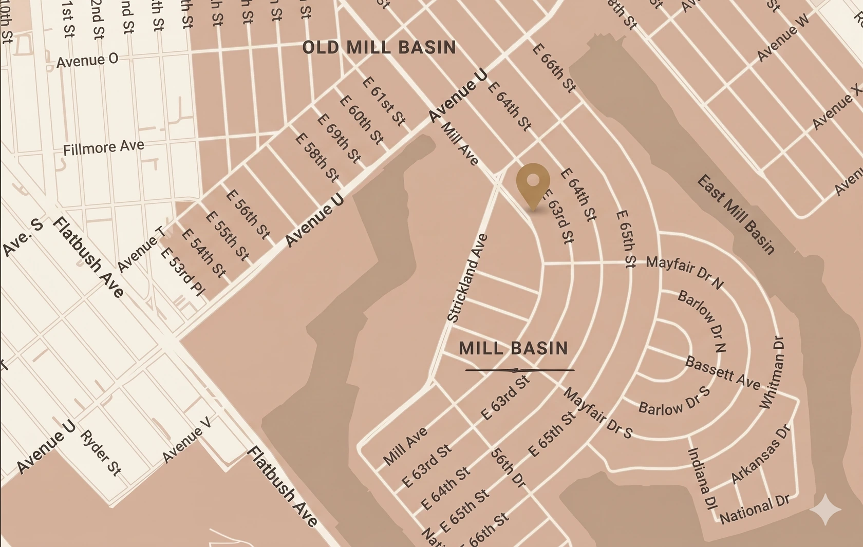 A warm-toned map of Mill Basin, Brooklyn, marking the house east of Strickland Avenue.